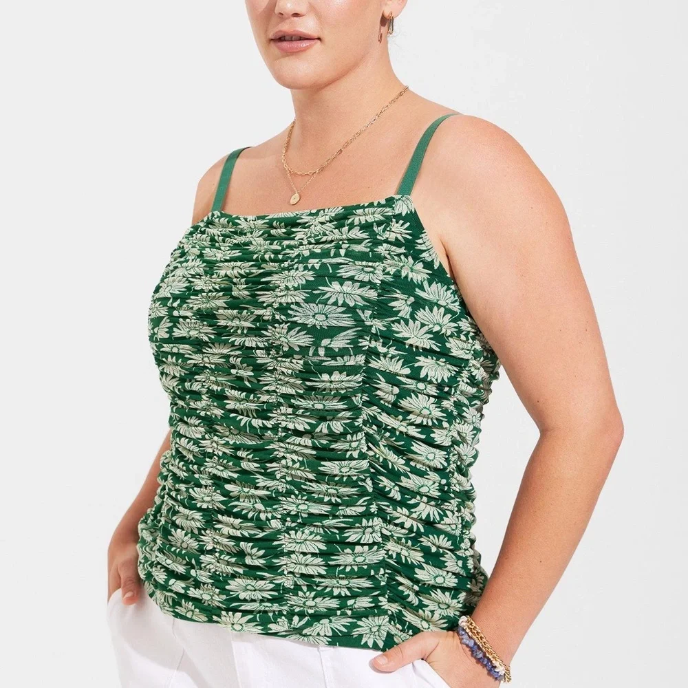 Torrid Top 4X Cami Tank Shirt Green Floral Shirred Ruched Stretch Mesh Plus Size